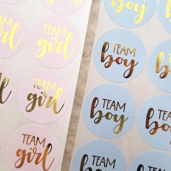 Stickers for gender reveal with real gold foil, gold foil baby shower stickers, baby gender reveal decoration, team boy, team girl - B2