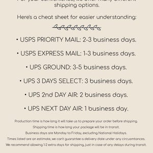 Op de afbeelding: Tekstafbeelding met de titel "SHIPPING UPGRADES" met een lijst met verzendopties, waaronder USPS en UPS. De tekst geeft geschatte levertijden in werkdagen. De onderkant van de afbeelding zegt "MP DESIGNS LLC".