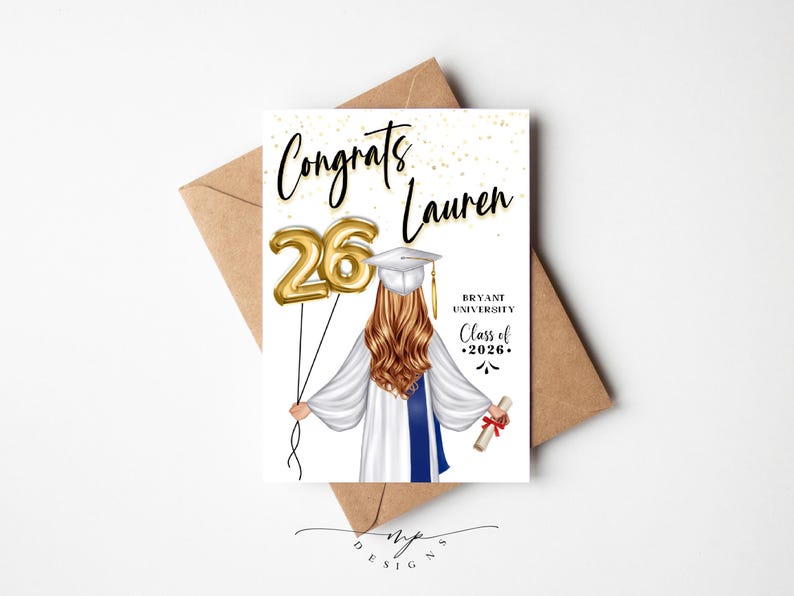 May include: A graduation card with the text "Congrats Lauren" and a gold foil balloon that reads "26". The illustration features a graduate in a cap and gown holding a diploma. The card is on a brown envelope.