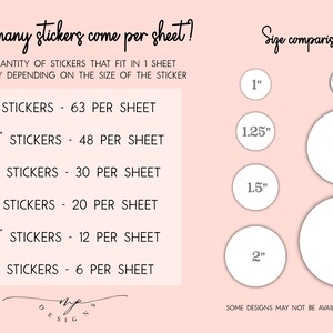 May include: A chart showing how many stickers fit on a sheet based on the size of the sticker. The chart shows the number of stickers per sheet for 1 inch, 1.25 inches, 1.5 inches, 2 inches, 2.5 inches, and 3 inches. The chart also includes a size comparison of the stickers with a US quarter.