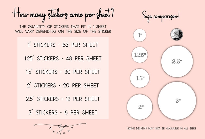 May include: A chart showing how many stickers fit on a sheet based on the size of the sticker. The chart shows the number of stickers per sheet for 1 inch, 1.25 inches, 1.5 inches, 2 inches, 2.5 inches, and 3 inches. The chart also includes a size comparison of the stickers with a US quarter.