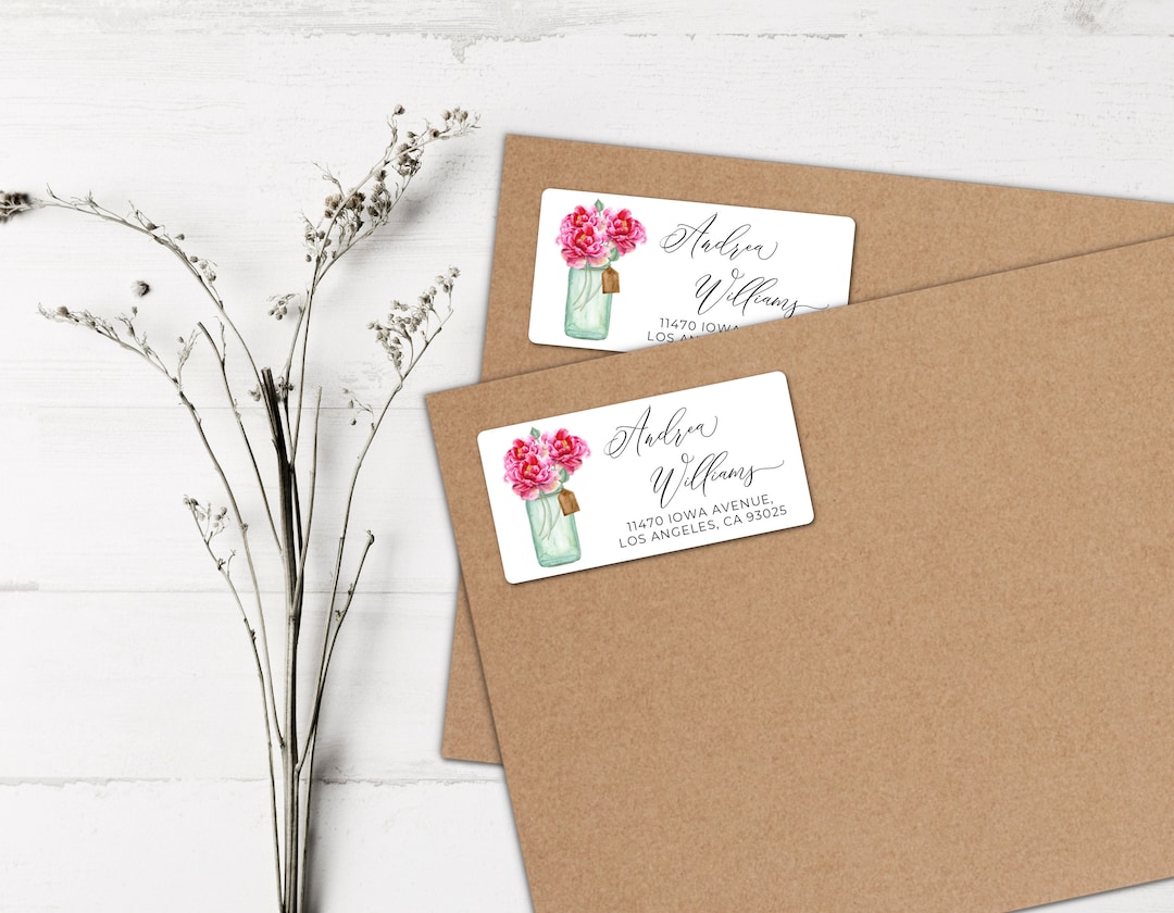Mason Jar Address Labels, Pink Peonies Return Address Labels, Pink and