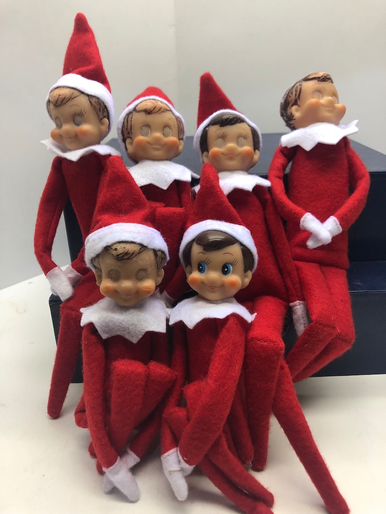 Unknown Vintage Lot of 6 Elves like Elf on the Shelf Red Felt Stuffed Dolls White Collars & Mittens Posable Christmas Elf Knee Hugger image 4