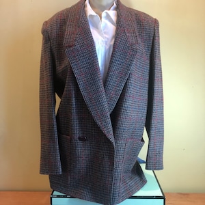 Size 14 Giorgio Sant Angelo 100% Wool Houndstooth Plaid Double Breasted Blazer 1980&#39;s