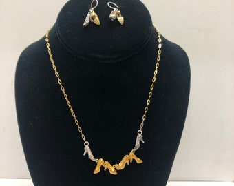 Vintage gold and silver shoe necklace and earrings set by artist Raine Just the Right Shoe