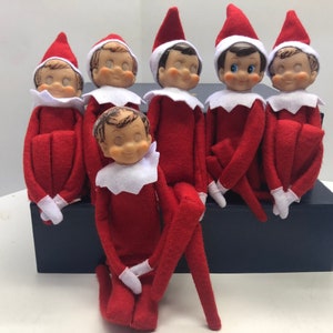 Unknown Vintage Lot of 6 Elves like Elf on the Shelf Red Felt Stuffed Dolls White Collars & Mittens Posable Christmas Elf Knee Hugger image 1