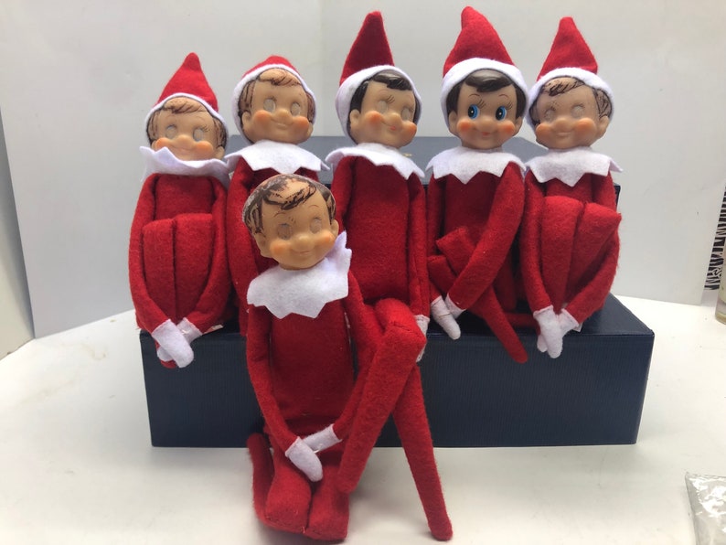 Unknown Vintage Lot of 6 Elves like Elf on the Shelf Red Felt Stuffed Dolls White Collars & Mittens Posable Christmas Elf Knee Hugger image 1