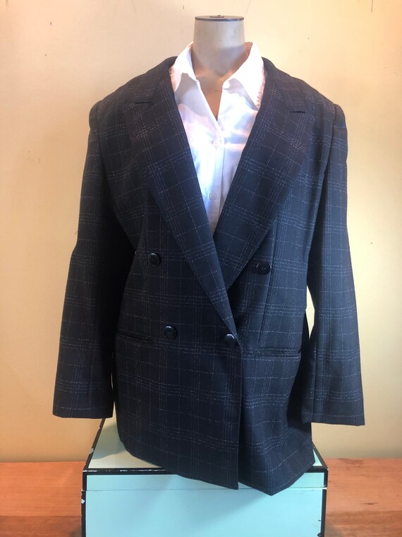 Black Plaid Vintage 80 s Women s Size 12 100 Wool Double Breasted Blazer Giorgio Sant Angelo 3 Pocket Suit Jacket