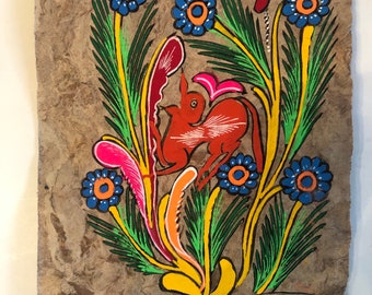 Vintage Original Mexican folk art painting on bark paper colorful animal, deer?unique and original hand made in Mexico 8.5”x12” approximate