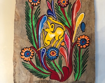 Vintage Original Mexican folk art painting on bark paper colorful animal, deer?unique and original hand made in Mexico 8.5”x12” approximate