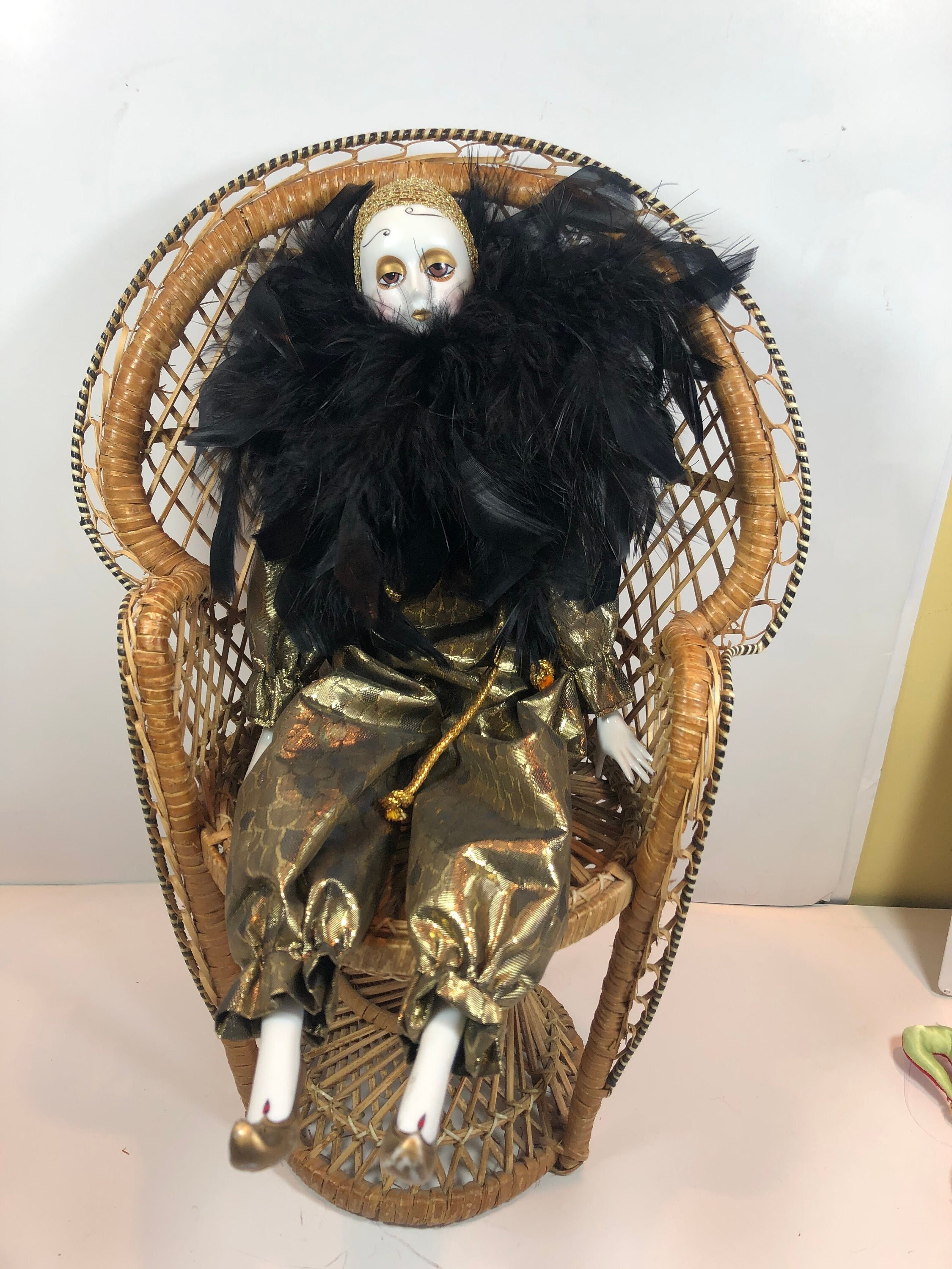 Polly 16" Porcelain Balos by Silvestri Harlequin Doll Vintage 1986 Black Feathered Collar, Silver Lame Pierrot