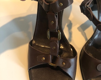Vintage Franco Sarto Size 10 Groom Harness Brown Calf Leather Sandals Equestrian Style High Heels