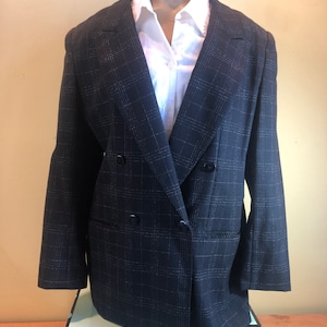 Black Plaid Vintage 80&#39;s Women&#39;s Size 12 100% Wool Double Breasted Blazer Giorgio Sant Angelo 3 Pocket Suit Jacket