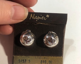 Vintage Napier round shiny silver costume jewelry clip on earrings clips,