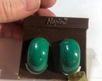 Vintage Napier clip on earrings green hoops, plastic, 1980's