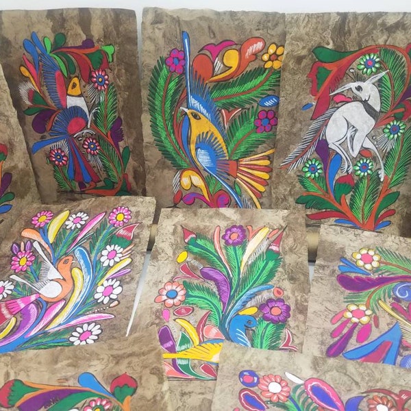 Vintage Original Mexican folk art paintings birds of Paradise on bark paper 1 random colorful animal painting unique and original hand made