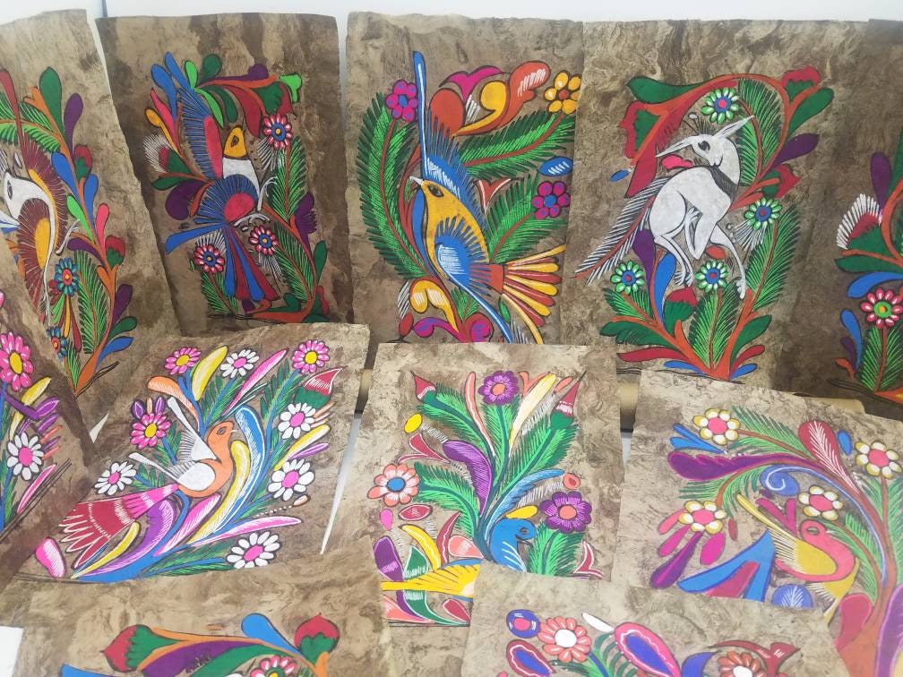 Vintage Original Mexican folk art paintings birds of Paradise on bark paper 1 random colorful animal painting unique and original hand made