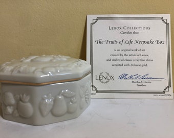Nieuwe vintage Lenox Fruits of Life uit de jaren 80, achthoekige Bone China-snuisterijdoos, ideaal voor sieraden geaccentueerd met 24 karaats goud