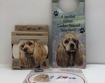 Cocker Spaniel Dog Lover's Gift Pack Stone Coasters, Door Hanger and Magnet Christmas Present