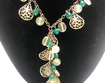 Vintage 1950’s faux pearl and green bead with filigree charms