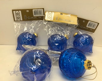 5 Blue plastic Roman Christmas ornaments vintage 1990's