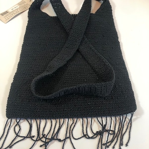 Black Boho Fringed & Beaded Vintage Carlo D'Santi Crocheted Crossbody Bag purse pocketbook handbag