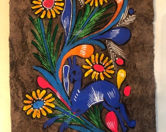 Vintage Original Mexican folk art painting on bark paper colorful animal, deer?unique and original hand made in Mexico 8.5”x12” approximate