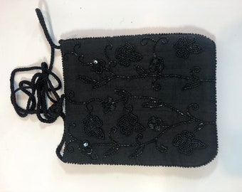 Vintage 1980's Black Silk and Bead Handbag, Purse, 7"x8", Corded Strap is 62" overall, Snap Enclosure