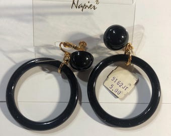 Vintage Napier clip on earrings black round hoops, screw backs, clips, 1980's