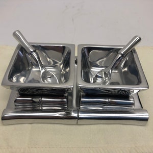 Vintage Lunt Silversmiths 5 Piece Salt and Pepper Cellar With tray and tiny spoons new in box