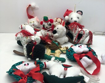 ヴィンテージ クリスマス オーナメント 13 個セット。ロッキング ホース、マウス、羊、猫、クマなど。ペットやお子様にも安全です。