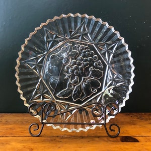 Vintage Pressed Glass 11.25&quot; Plate, Heavy Serving Tray with Fruit Pattern and sawtooth edge,
