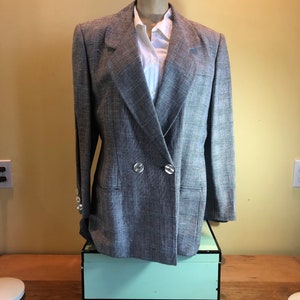 Size 12 Vintage 1980&#39;s Giorgio Sant Angelo Linen/Rayon Double Breasted Blazer Glenn Check Plaid Women&#39;s