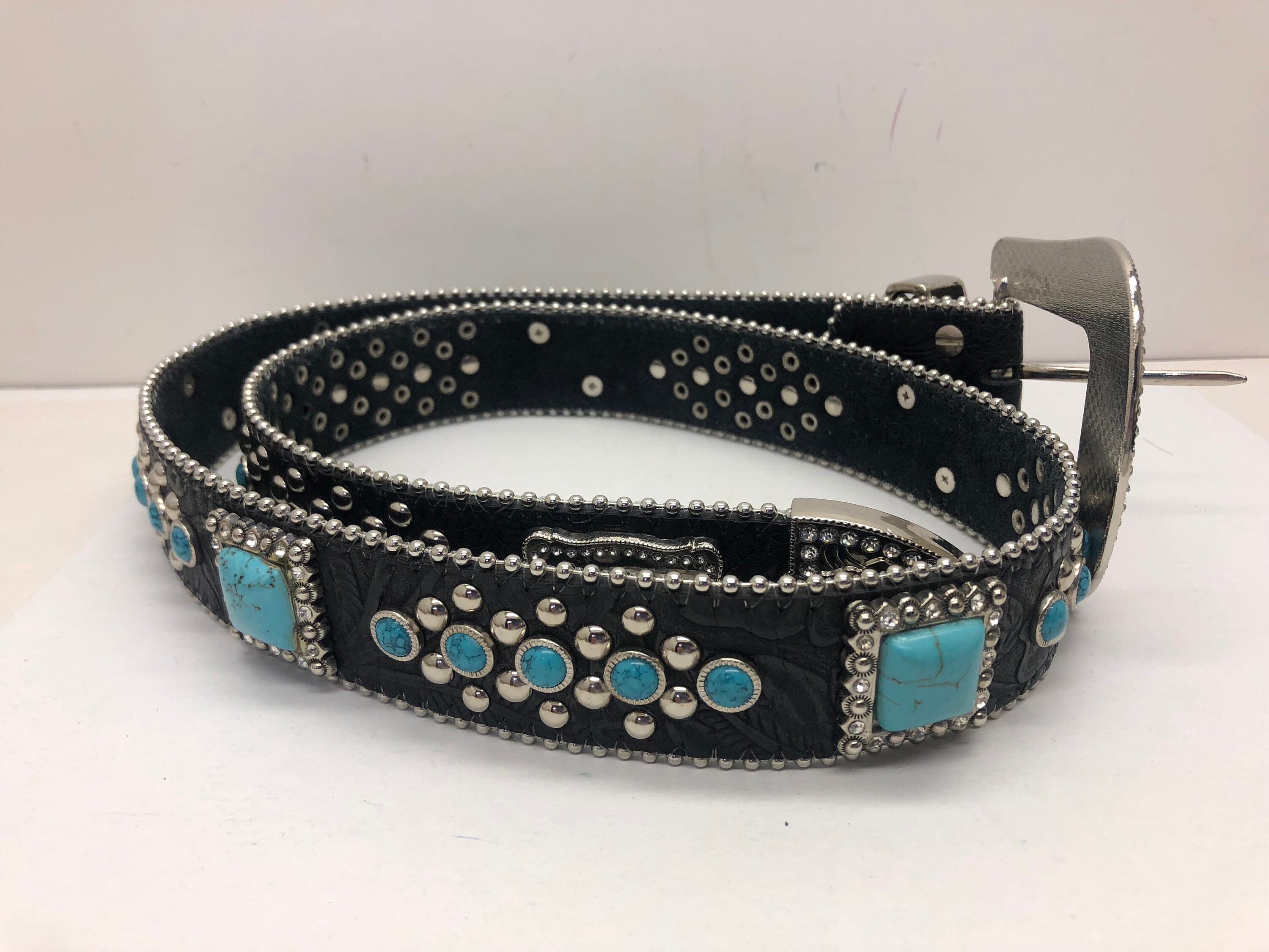 Vintage Belt Shak Canada Leather Belt Western Faux Turquoise Buckle Black sz XL TURQUOISE buckle | Luxury Western Belt | SILVER OSTRICH main image 3