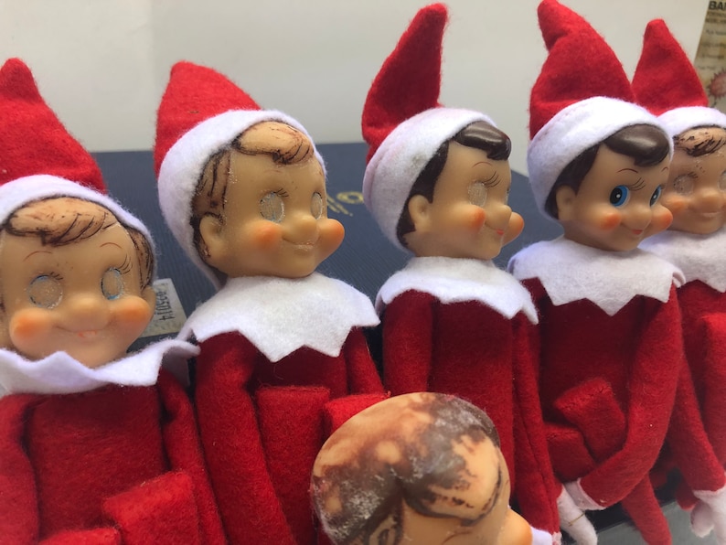 Unknown Vintage Lot of 6 Elves like Elf on the Shelf Red Felt Stuffed Dolls White Collars & Mittens Posable Christmas Elf Knee Hugger image 2