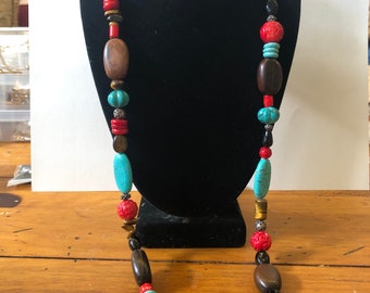 30" assorted semi-precious beaded necklace with toggle closure, turquoise, coral, tiger eye, metal beads