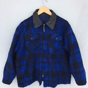 vintage wool checkered flannel leather collar jacket