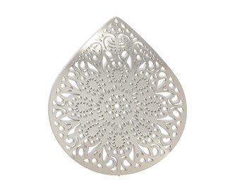 Timbro a goccia in filigrana in acciaio inossidabile argentato 49x39 mm - Accessori per gioielli fai da te - x2 o x10 pezzi