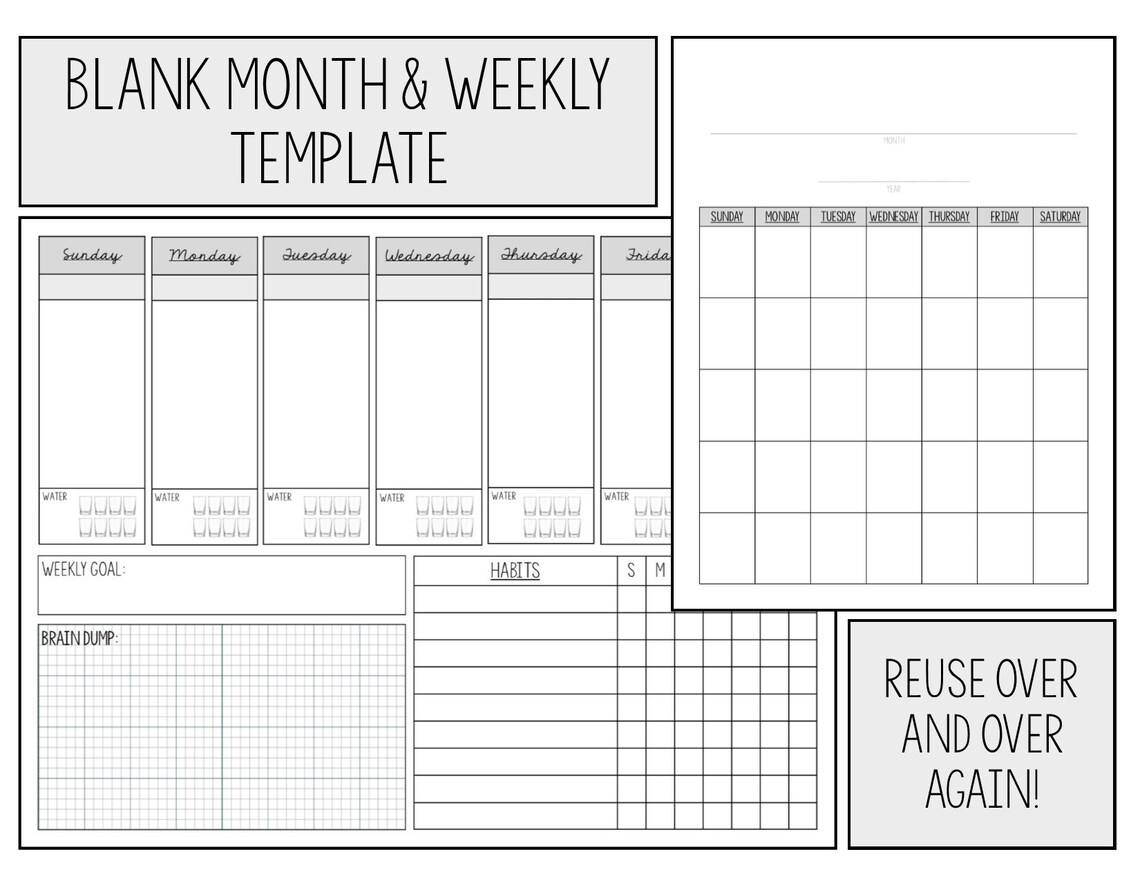 Blank Month and Weekly Spread Template | Etsy