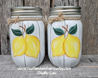 Lemon Mason Jar, 16oz Pint size, Handpainted Jars, Sold Individually