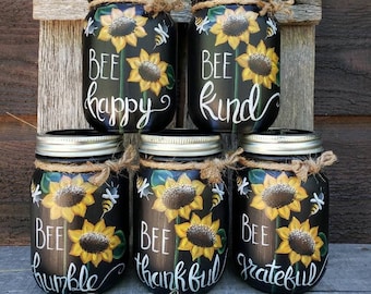 Hand-Painted Sunflower and Bee Mason Jar, Home Decor Vase