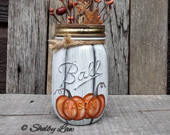 Hand-Painted Fall Pumpkins Mason Jar