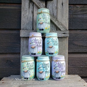 Spring Gnome, Hand-Painted Pint-Sized Mason Jar