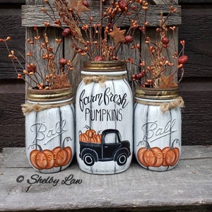 Farm Fresh Pumpkins, Set of Three Hand-Painted Mason Jars Berries Not Included