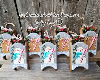 Handpainted Wood Sled, Gingerbread Man, or Snowman, Sold individually, Christmas Decor, Christmas Ornaments