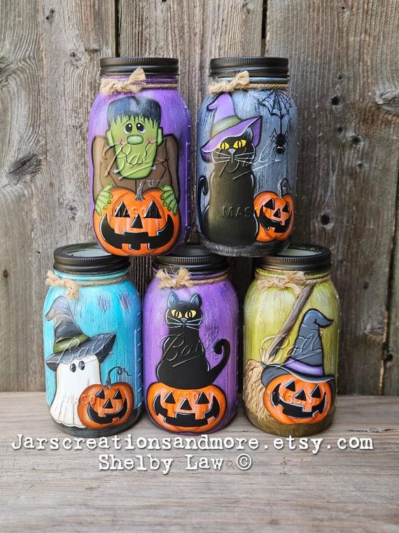 Handpainted Halloween 32oz Quart Size Mason Jar Vase: Ghost, Cat