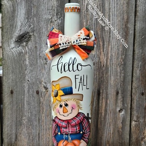 Scarecrow Handpainted Wine Bottle, Hello Fall Scarecrow, Fall Decor, Scarecrow Decor
