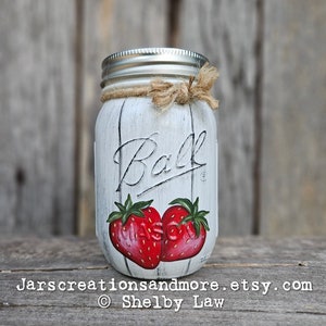 Strawberry Decor, Handpainted Strawberries on a Pint size Mason Jar, Strawberry, Painted Strawberries