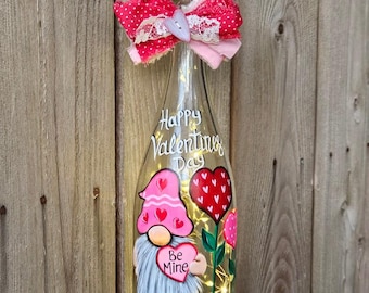 Hand-Painted Valentine Gnome Lighted Wine Bottle: Battery Operated Decor