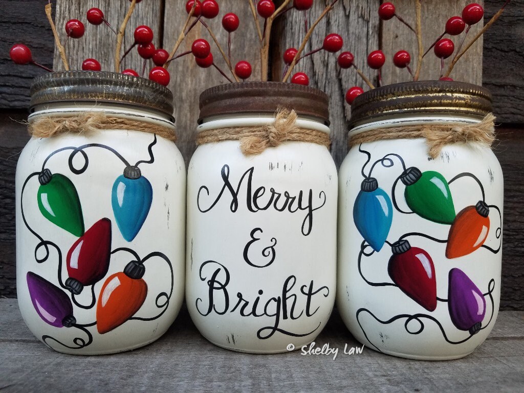 Set Of Three Hand-Painted Merry And Bright Pint-Sized Mason | Etsy